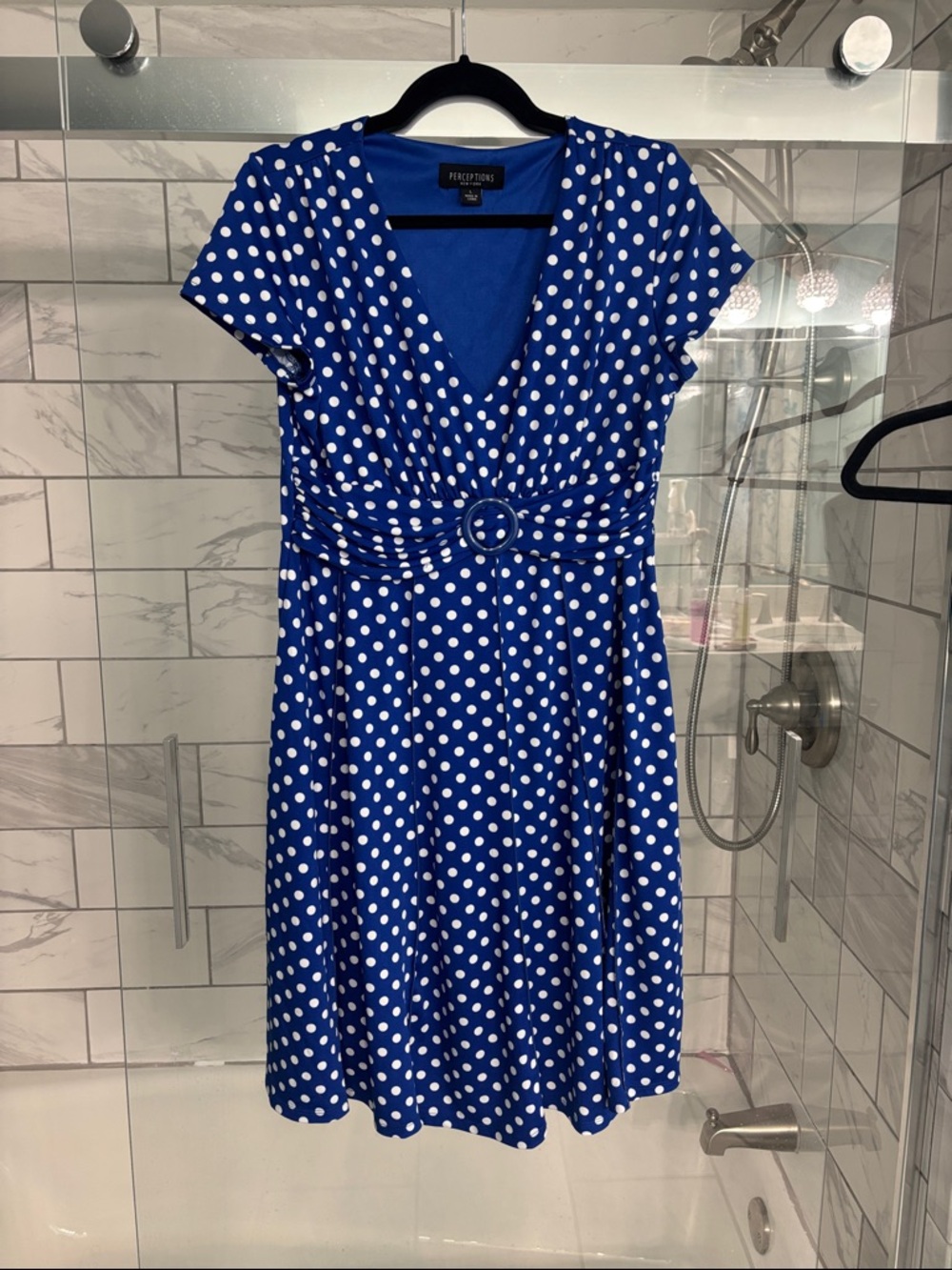 Perceptions Royal Blue White Polka Dot Belted Midi Dress